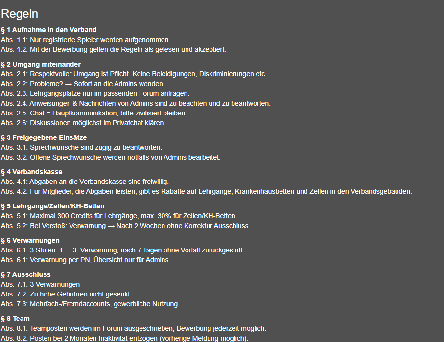 Screenshot des bisherigen Verbandsregelwerks